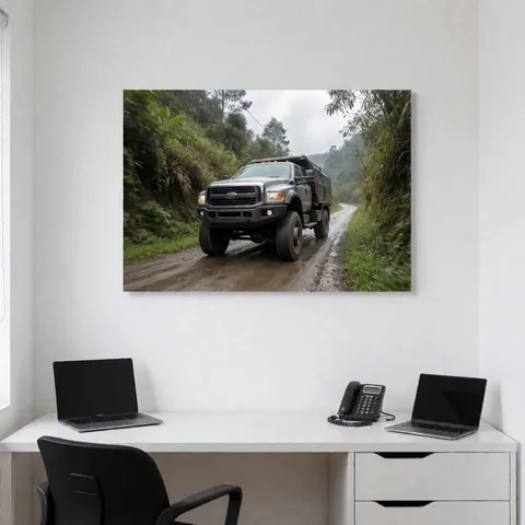 A heavy truck with large tires navigating a wet, steep road through dense vegetation in the mountains