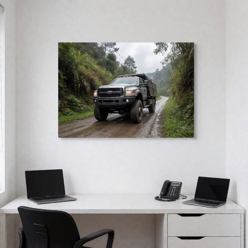 A heavy truck with large tires navigating a wet, steep road through dense vegetation in the mountains