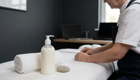 Lotion bottle, towel, and smooth stone on a massage table in a spa with grey walls