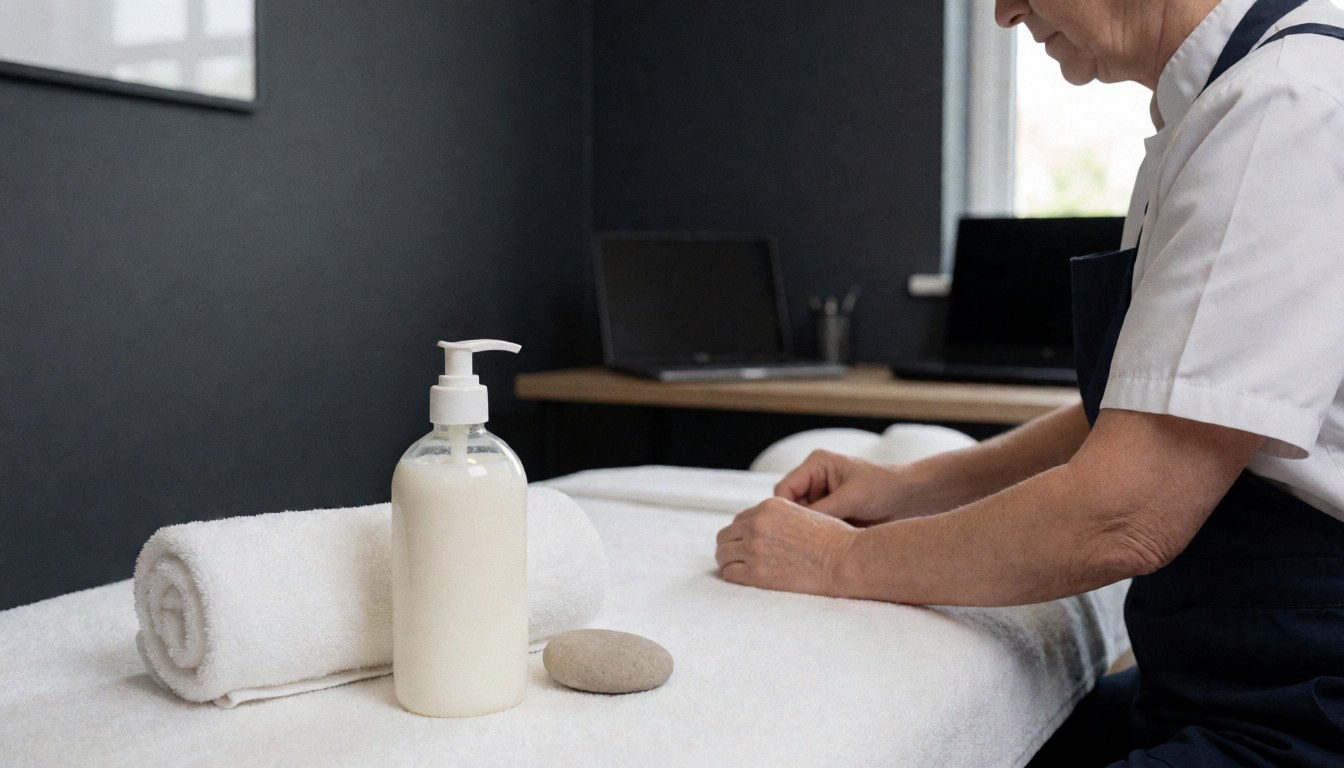 Lotion bottle, towel, and smooth stone on a massage table in a spa with grey walls