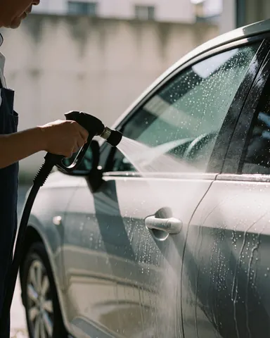 A person using a water hose to wash a silver car at an urban car wash facility, highlighting the cleaning process and water effects on the vehicle body.