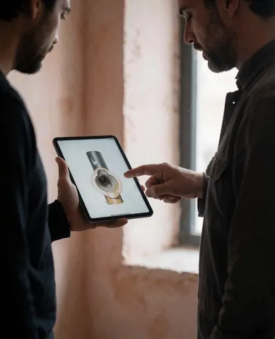 Technician and client reviewing pipe repair details on a tablet in a bright room with natural light
