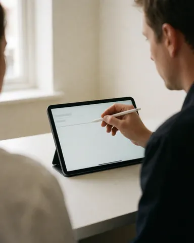 Professional pointing at digital screen with stylus on workbench