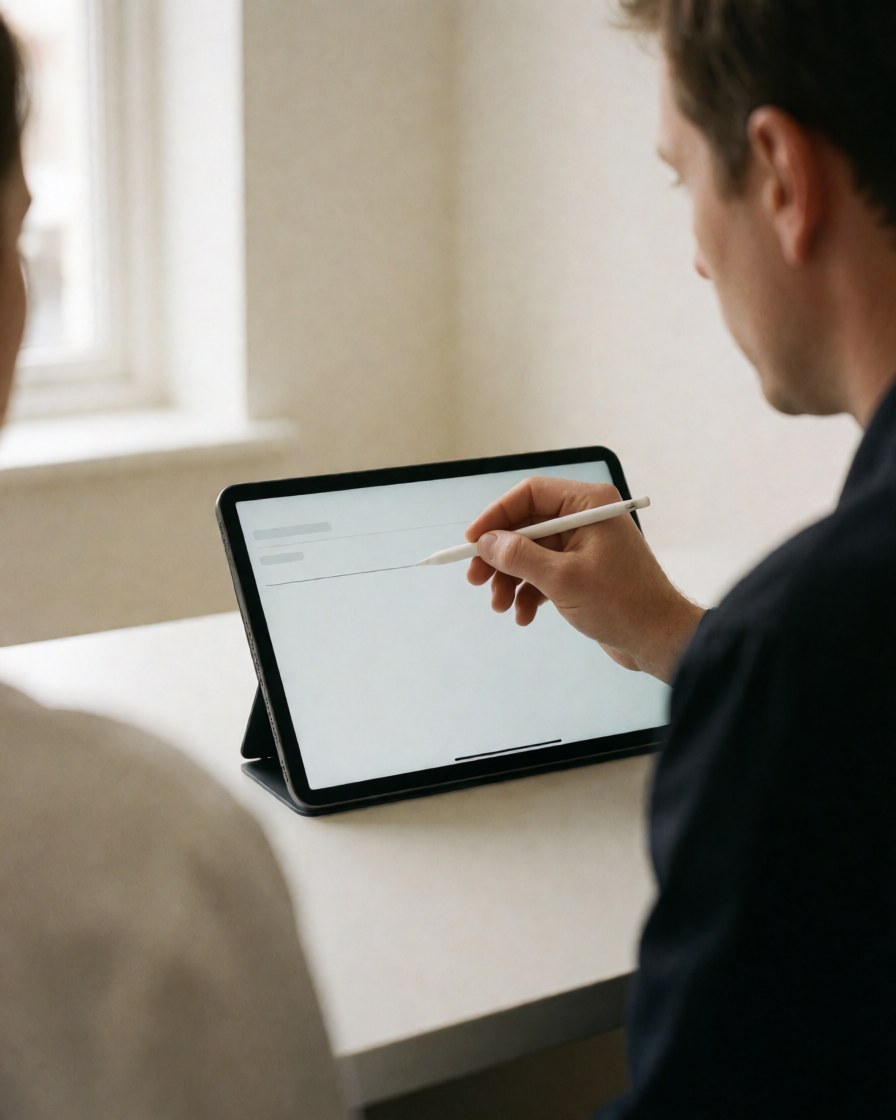 Professional pointing at digital screen with stylus on workbench