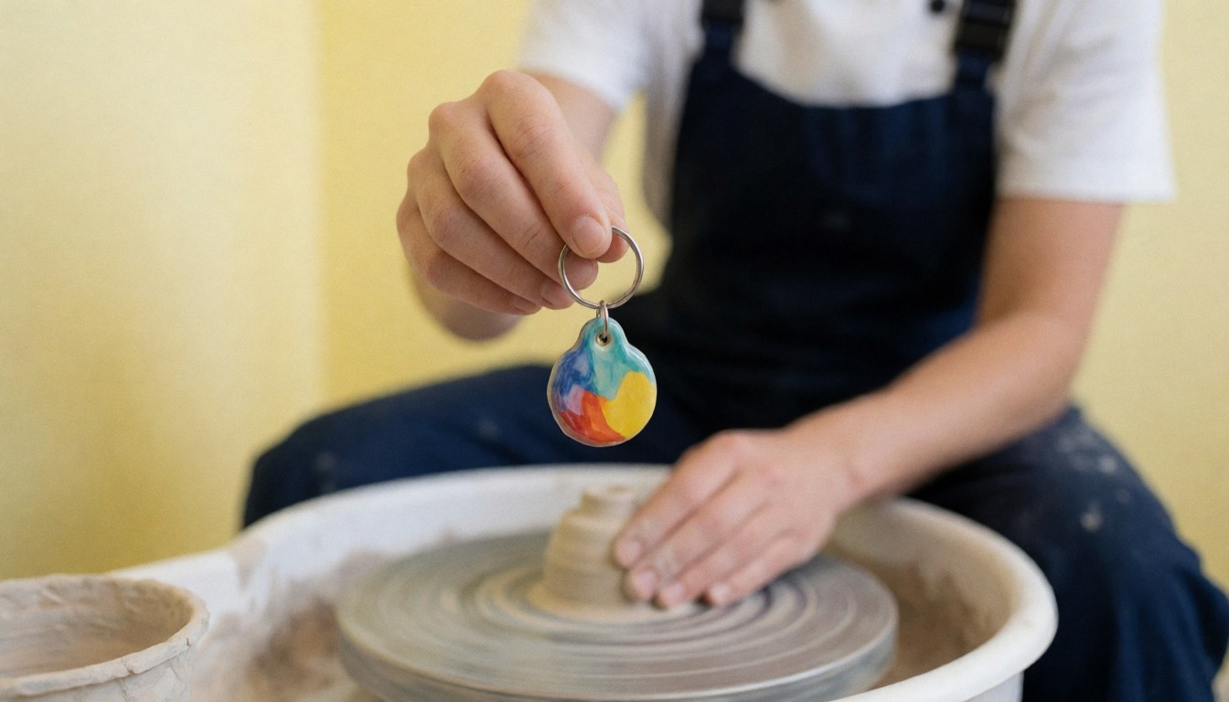 A hand holds a glossy ceramic keychain while another hand works on a pottery wheel in a workshop with yellow walls.