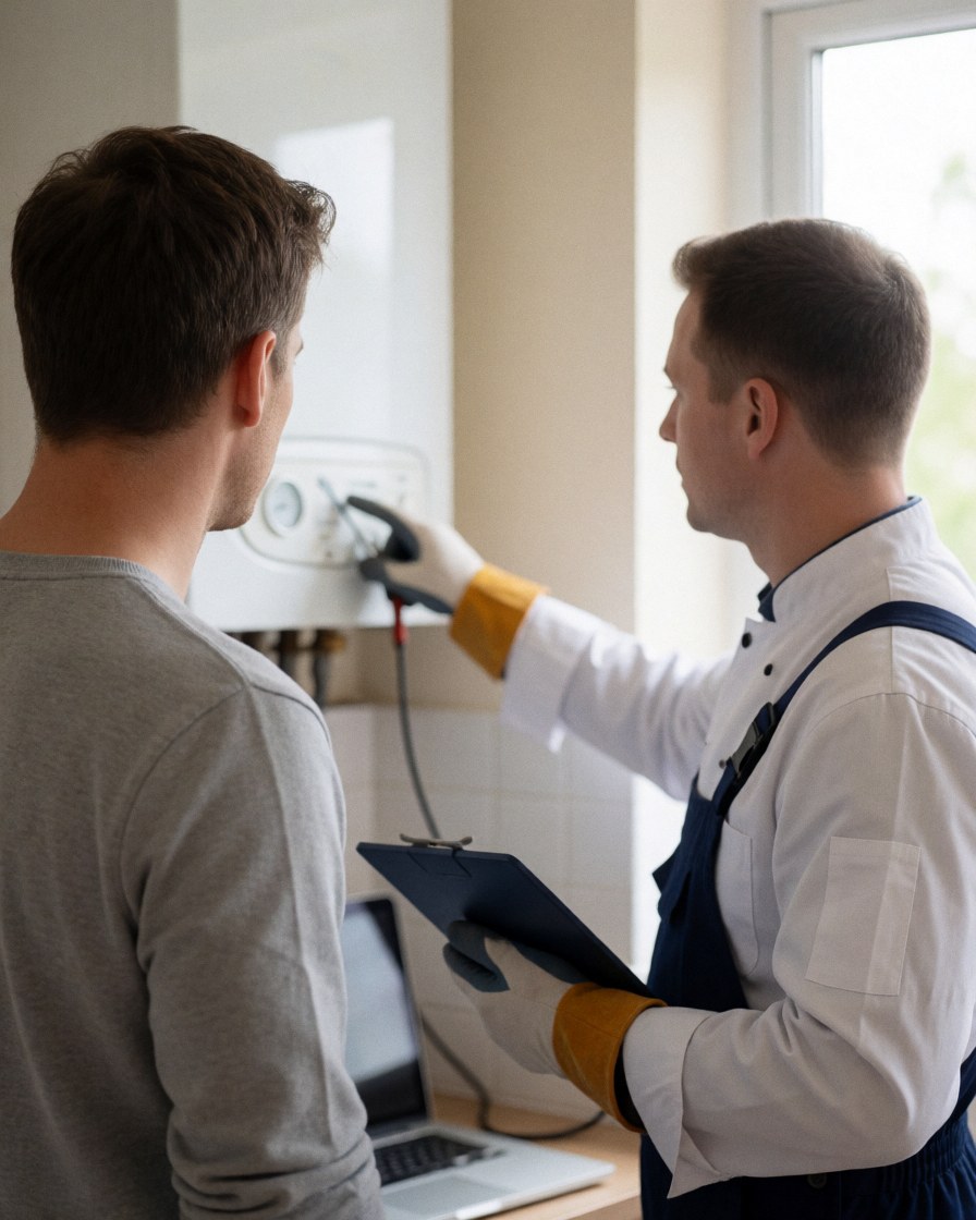 Technician wearing gloves inspects a boiler thermometer while a client watches in a bright room with white walls.
