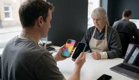Technician displaying a repaired mobile phone with a colorful case to a customer on a modern workbench.