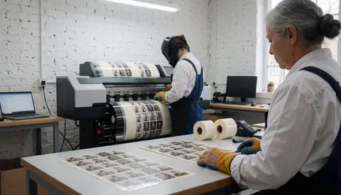 Two workers wearing gloves manage label sheets in front of a large printer in a workshop with white brick walls