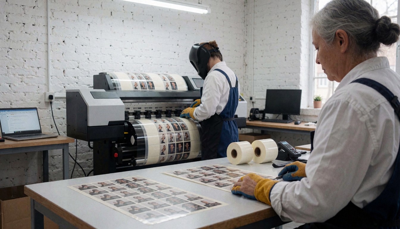 Two workers wearing gloves manage label sheets in front of a large printer in a workshop with white brick walls
