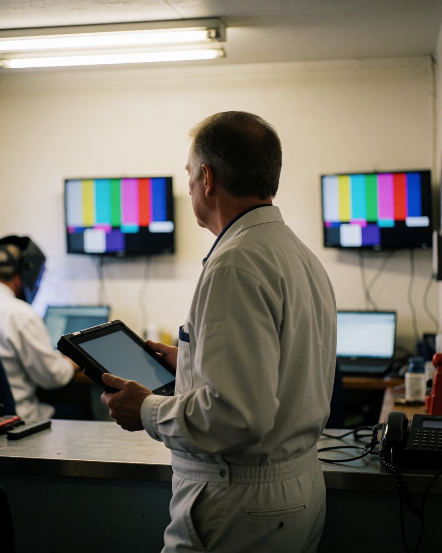 Tv repair technician checking two test pattern screens with a tablet in a well lit workshop