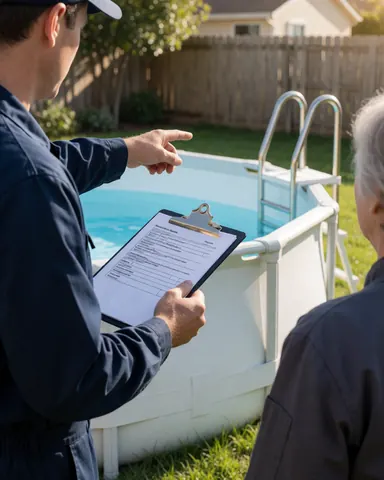Pool installer holding clipboard explaining details to client near above-ground pool with stainless steel railing in garden