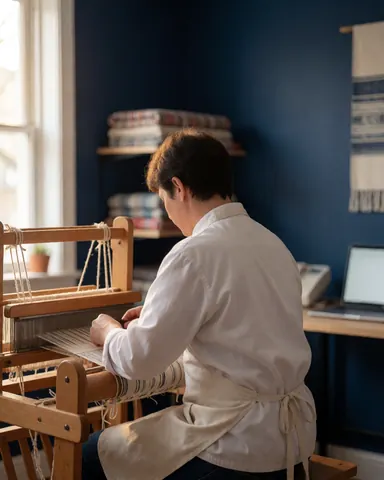 An artisan weaving fabric on a wooden loom in a craft workshop with natural light and finished textiles on shelves