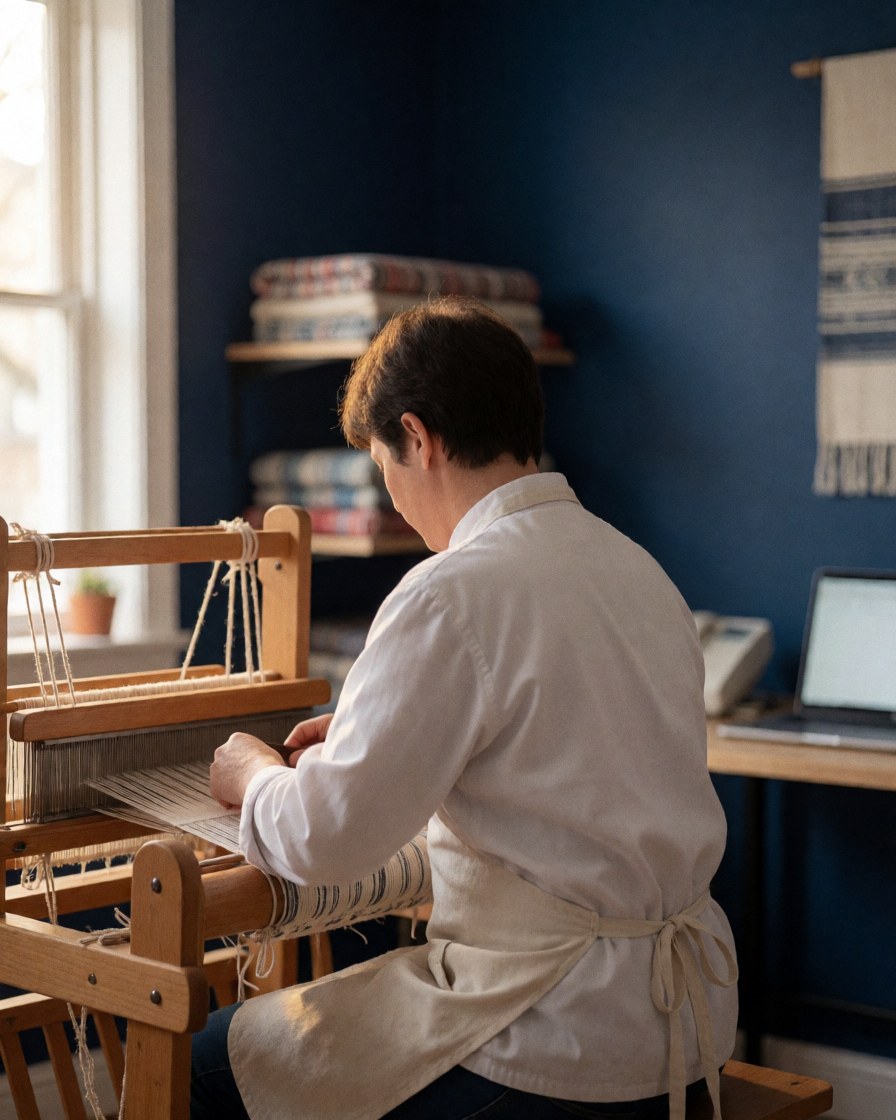 An artisan weaving fabric on a wooden loom in a craft workshop with natural light and finished textiles on shelves