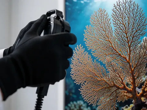 A hand wearing a black glove holds an underwater camera in front of orange marine coral in blue water, suitable for underwater photographers.