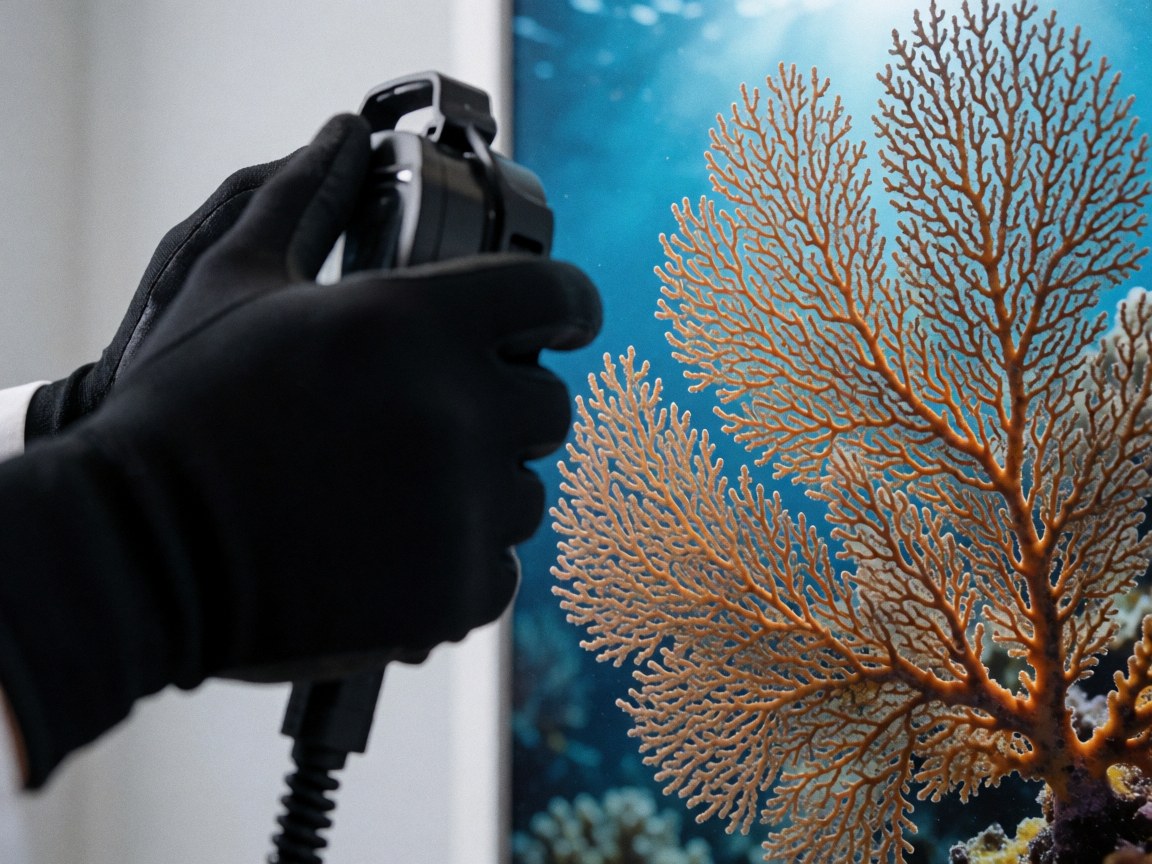 A hand wearing a black glove holds an underwater camera in front of orange marine coral in blue water, suitable for underwater photographers.