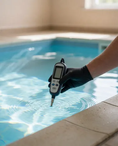 Close-up of a hand wearing a black glove using a digital meter to test pool water quality near beige walls and pool edge