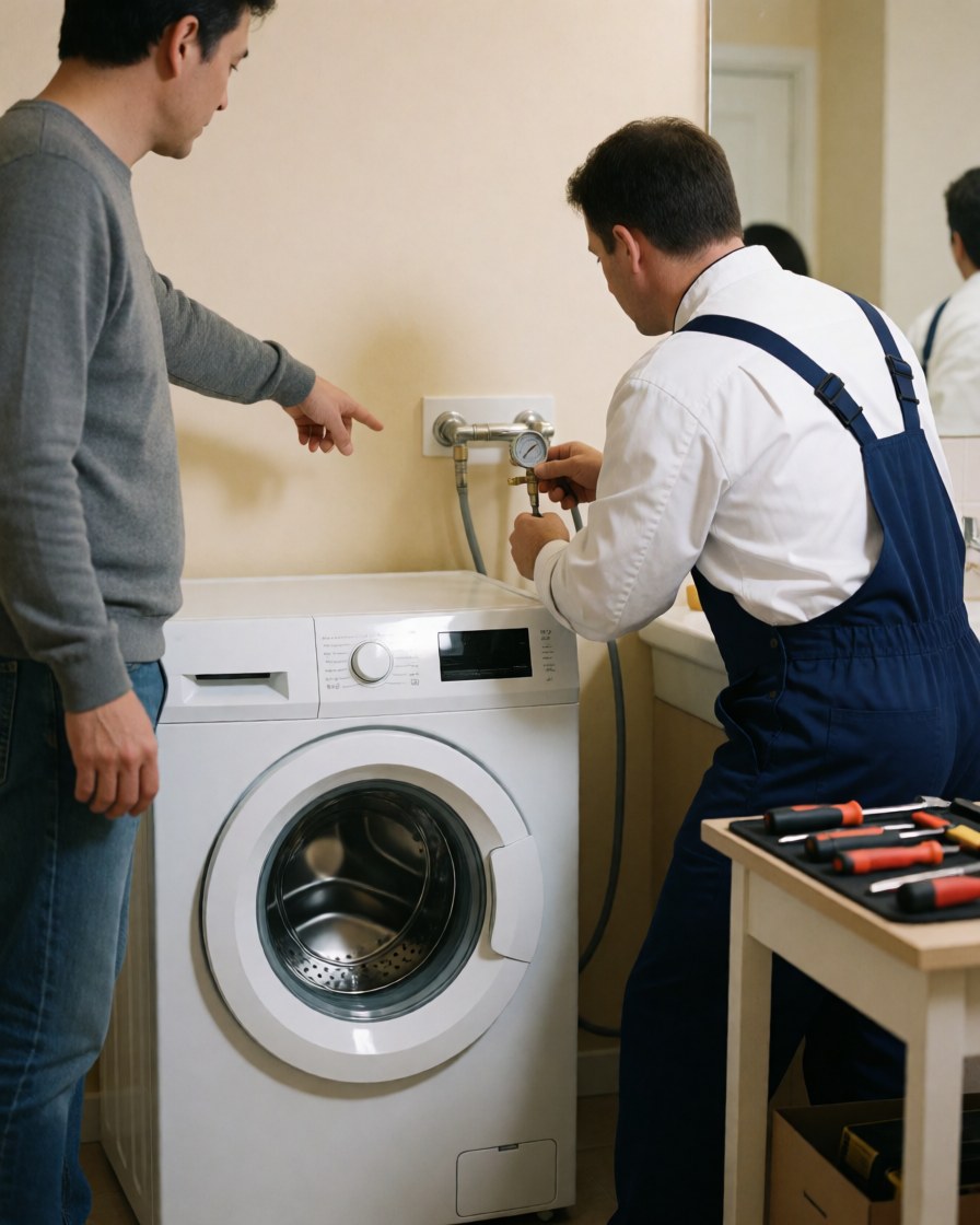 Plumber in work sleeves adjusts a pressure gauge on the piping of a white washing machine while a customer points nearby.