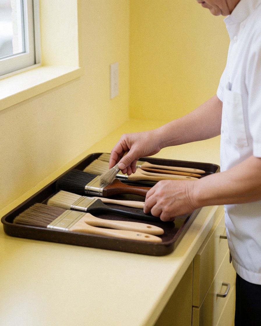 Painter organizing paint brushes on a black tray atop a yellow table in a workshop with yellow walls, showcasing professional painting team equipment.