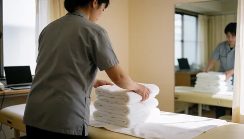 Back view of a physiotherapist arranging white towels on a treatment table in a bright room with natural light and a mirror