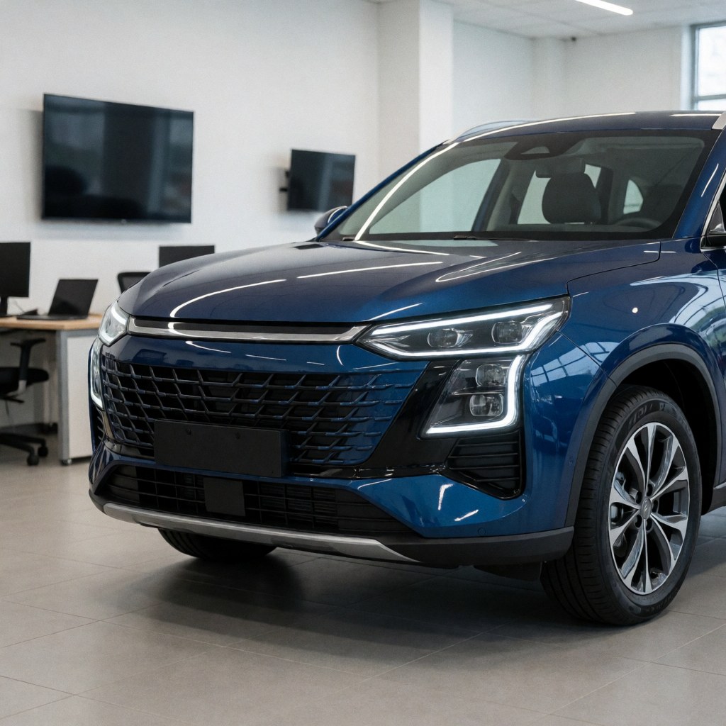 Modern blue SUV with distinctive grille and LED lights on light gray showroom floor