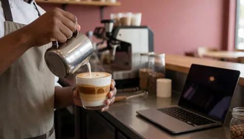 A barista wearing an apron serves coffee with latte art in a cafe with a pink wall and coffee machine.