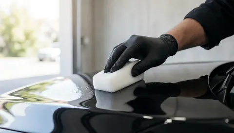 Close-up of a hand wearing a black glove applying white foam to the glossy black hood of a car in a garage with natural light