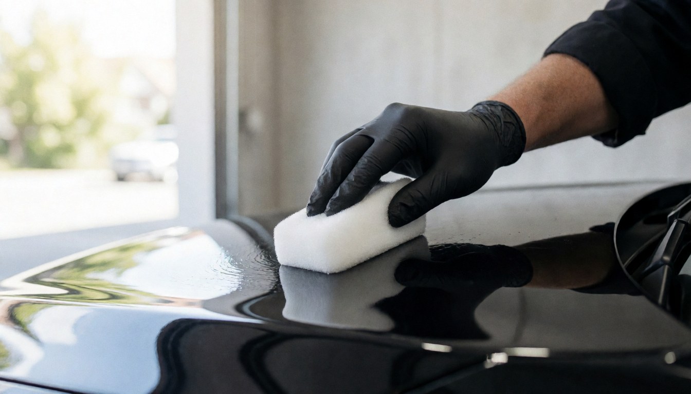 Close-up of a hand wearing a black glove applying white foam to the glossy black hood of a car in a garage with natural light