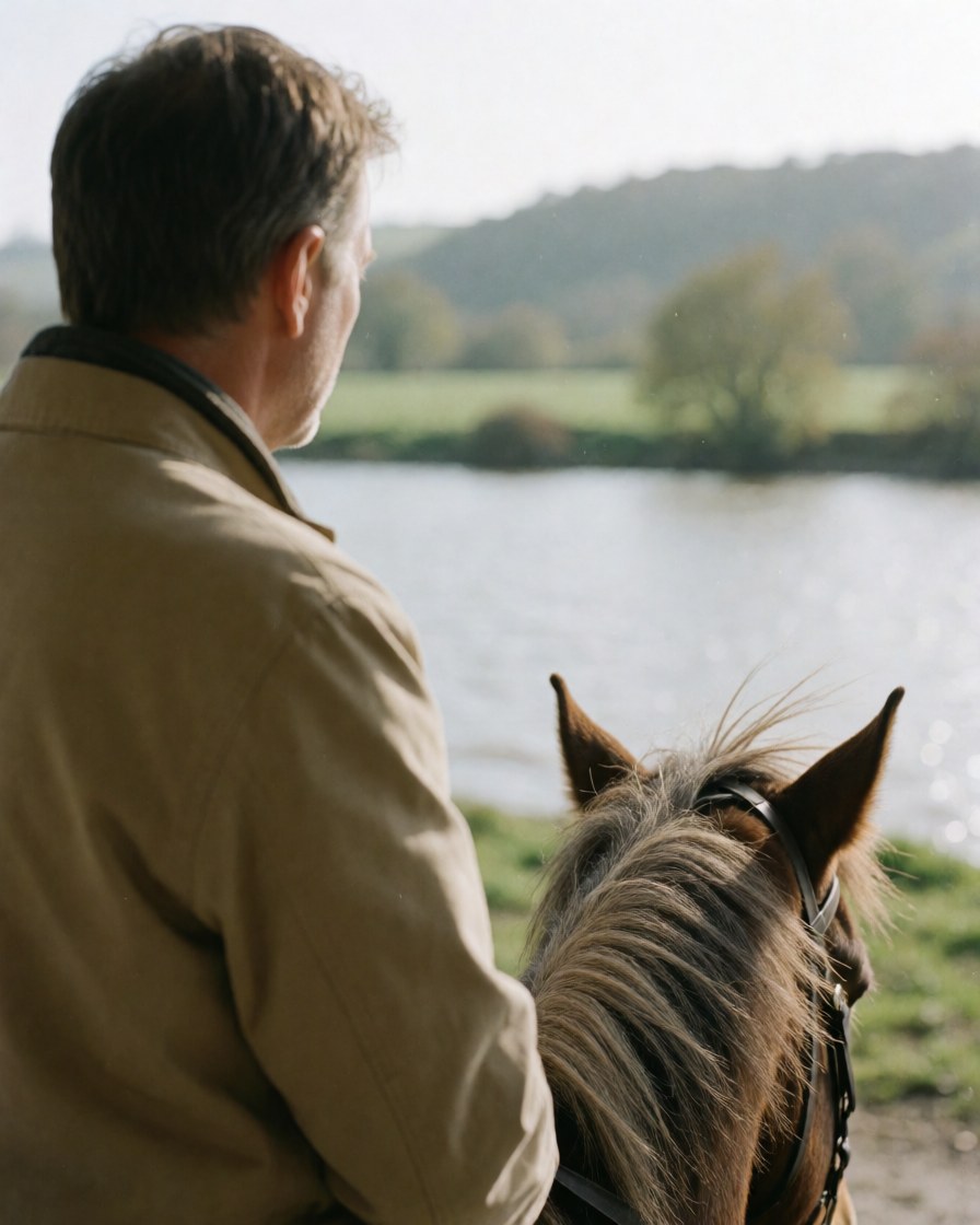 A man rides a horse along a river with green mountains in the background, suitable for rural lodging.