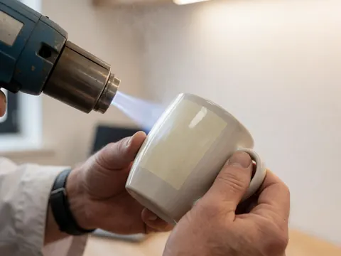 Hands applying vinyl to a white mug using a heat gun in a textile printing workshop with a blurred background