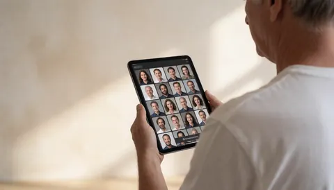 A photographer reviews a gallery of portrait photos on a tablet in a studio with natural light and a white background.
