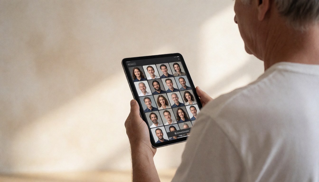 A photographer reviews a gallery of portrait photos on a tablet in a studio with natural light and a white background.
