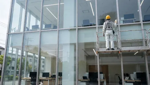 A worker wearing a helmet and vest cleans a glass window on a modern corporate building, demonstrating professional exterior window cleaning services.