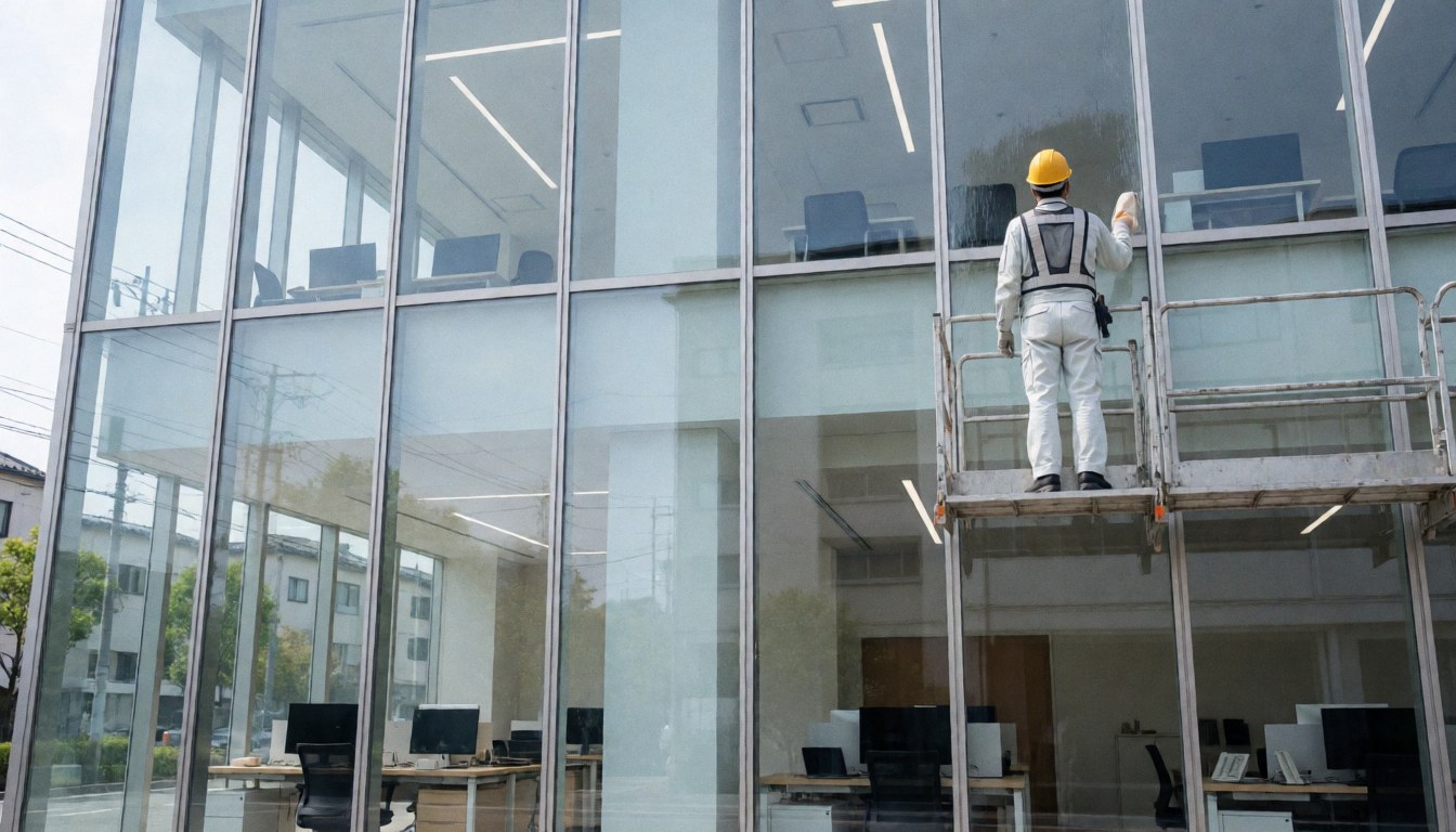 A worker wearing a helmet and vest cleans a glass window on a modern corporate building, demonstrating professional exterior window cleaning services.