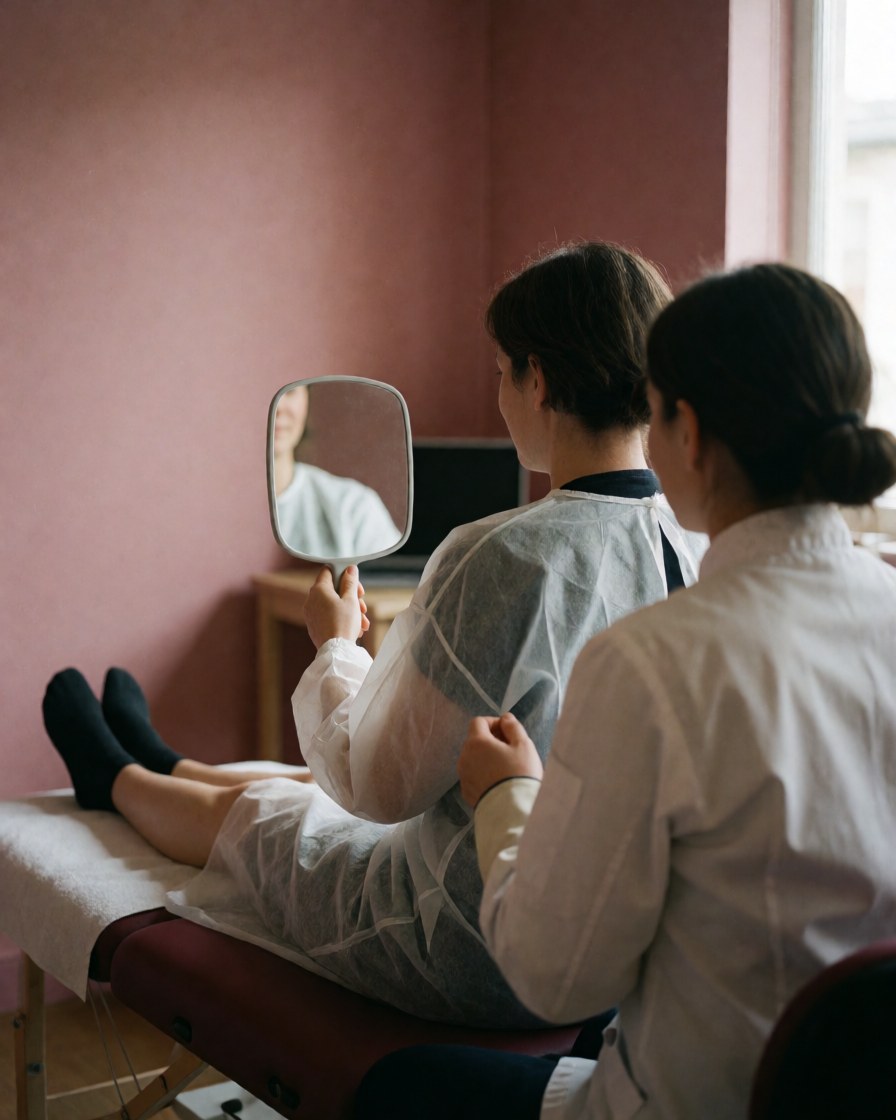 A smiling customer in a disposable gown looks at their smooth treated arm in a mirror while a professional stands nearby in a pink walled clinic