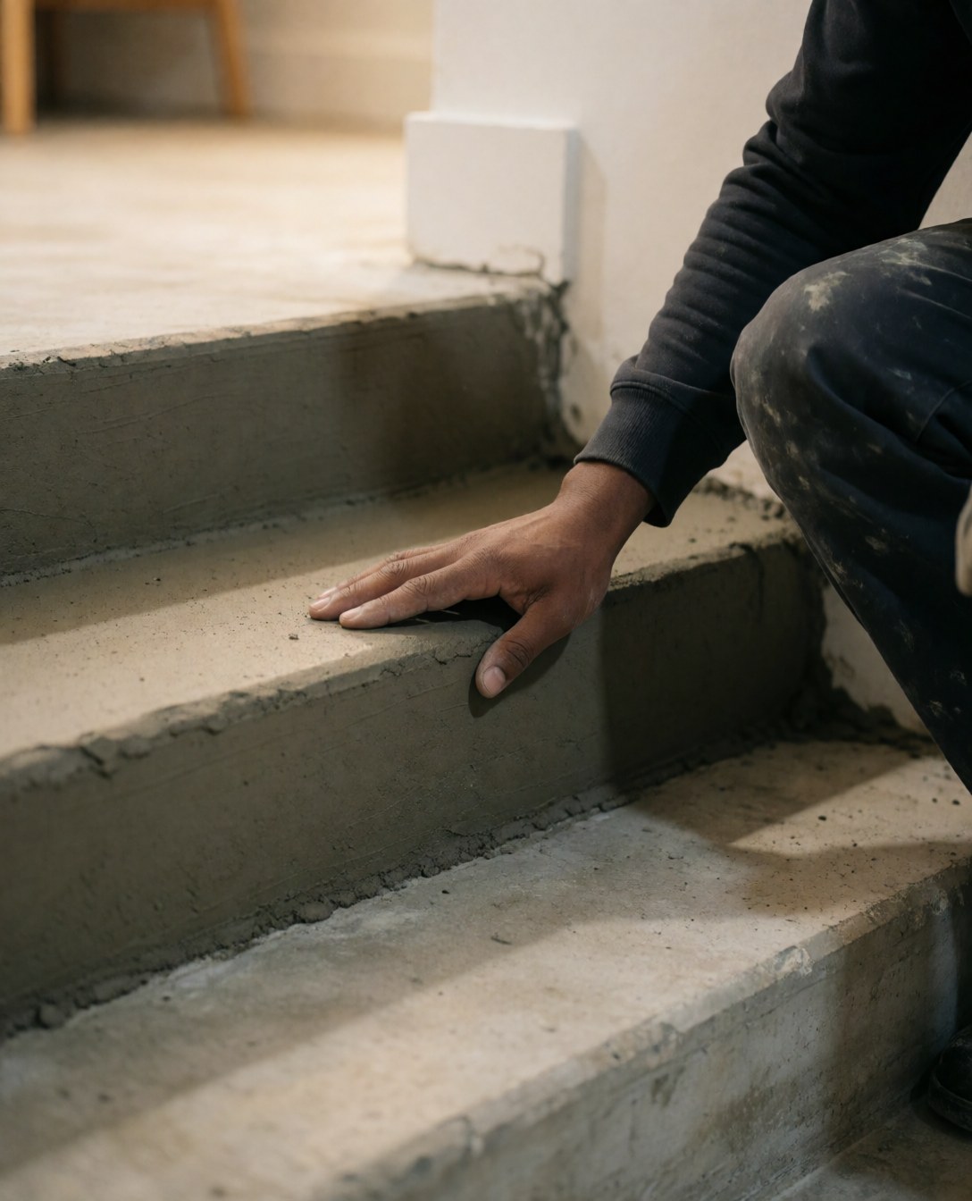 Close-up of a hand touching a freshly leveled concrete stair step to inspect the quality of the interior repair work
