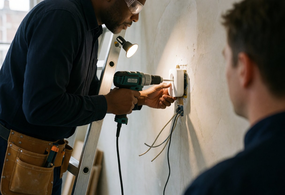 Technician wearing safety glasses mounts a motion sensor on a white wall with visible wiring while a client observes the installation process.