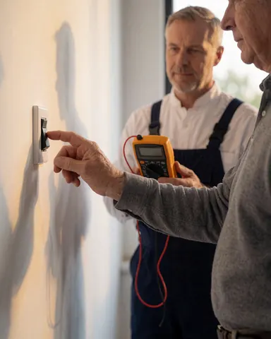 Electrician checks circuit with multimeter while client presses wall switch in bright room.