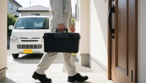 Technician carrying a black tool kit walking toward a suburban house door with a white van in the background, ready for stove repair service