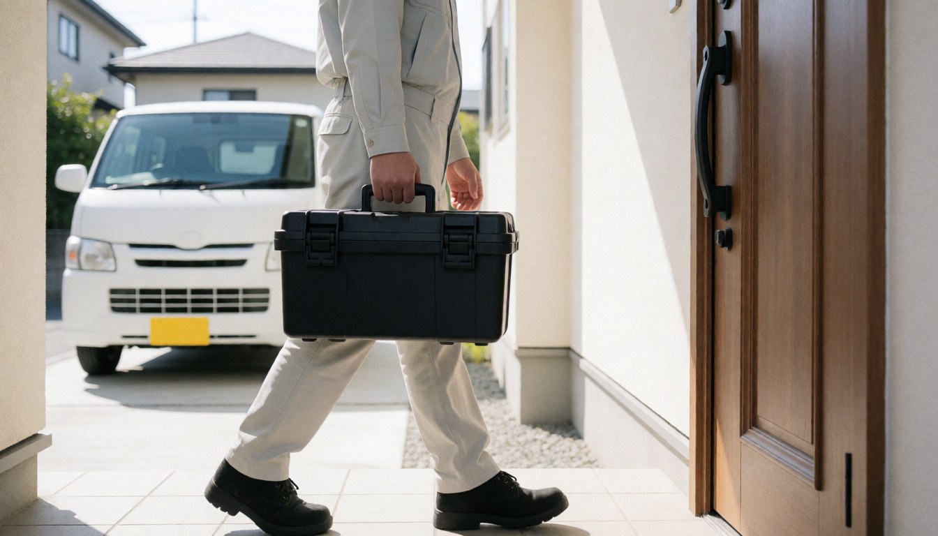 Technician carrying a black tool kit walking toward a suburban house door with a white van in the background, ready for stove repair service