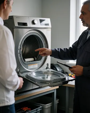 Technician displays new dryer rollers to a customer in a well-lit workshop with natural light.