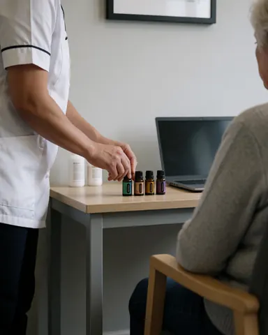 Therapist in uniform prepares essential oils on a wooden table at a senior care center with a client seated nearby