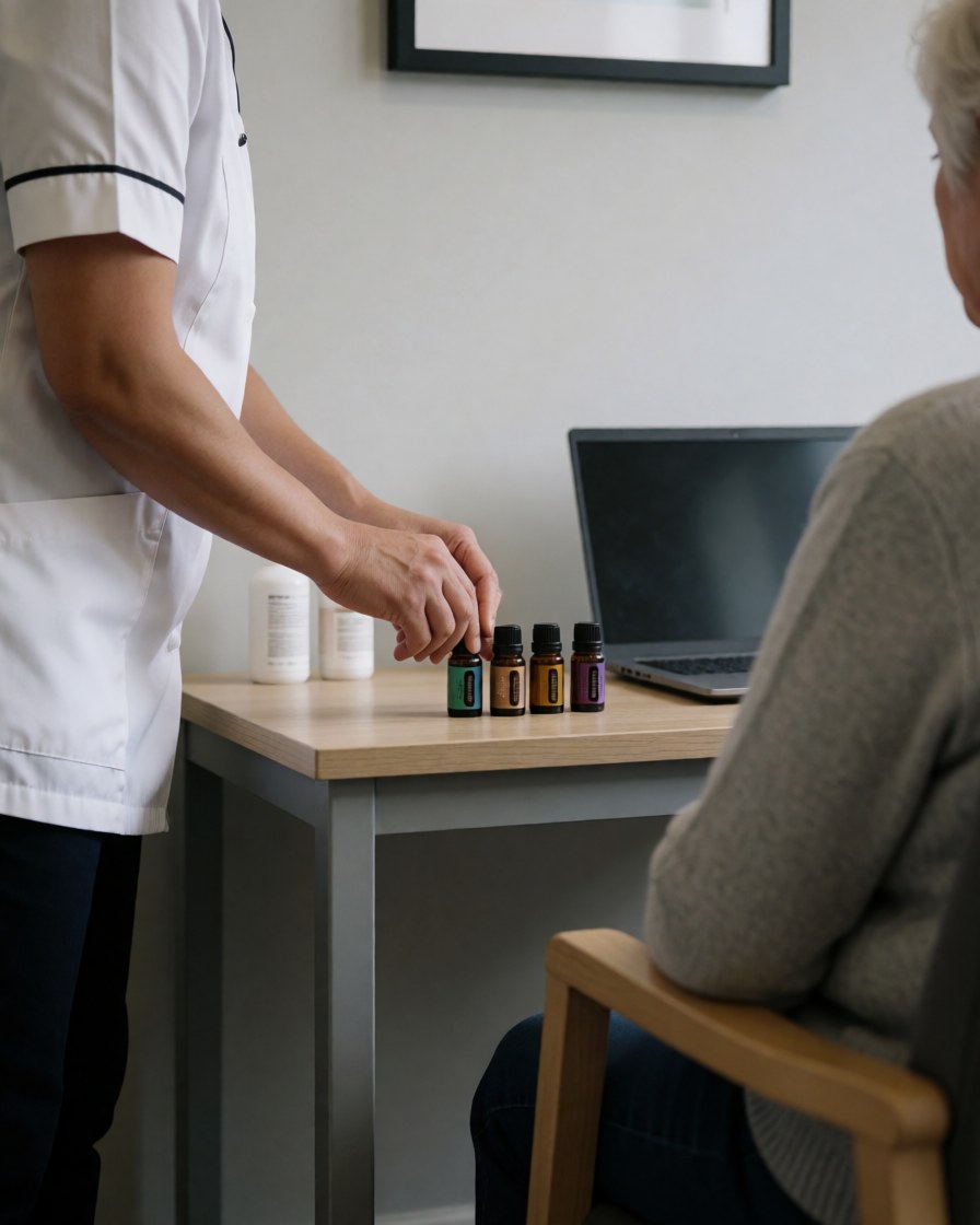 Therapist in uniform prepares essential oils on a wooden table at a senior care center with a client seated nearby