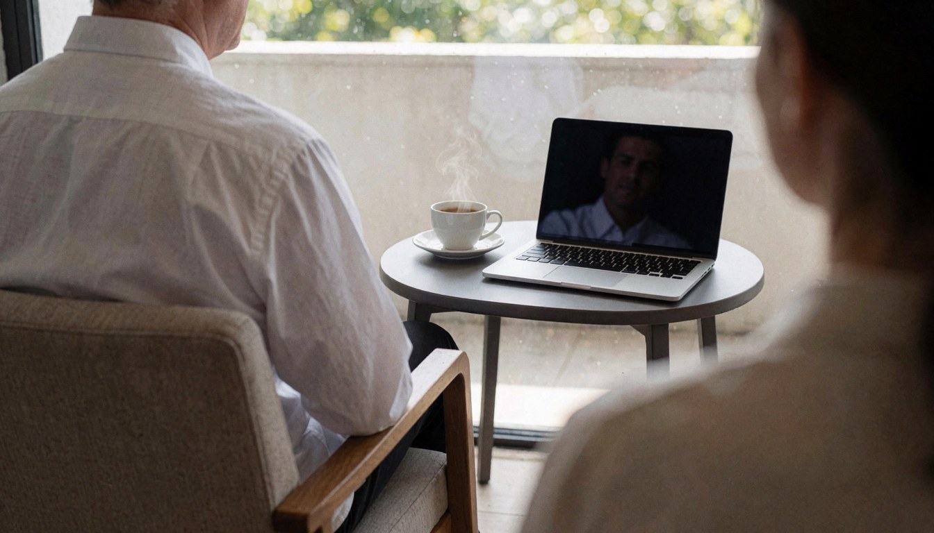A relaxed customer sits on a balcony with a laptop and coffee cup, enjoying the view from an apartment hotel.