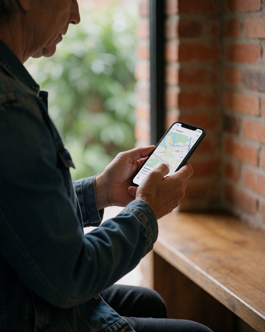 Adult traveler reviewing a map on a smartphone while sitting on a wooden bench next to a brick wall at a hostel.