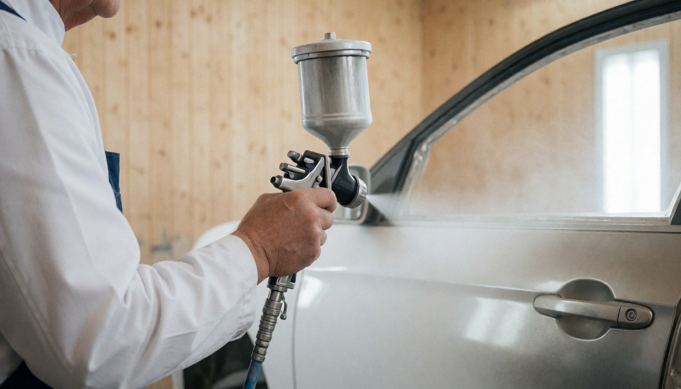 Professional painter using an HVLP spray gun to apply paint on a car in a workshop with light wood walls and visible spray mist.