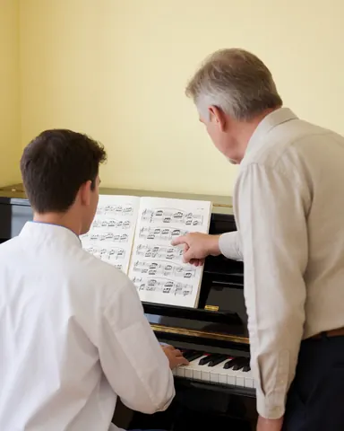 Music instructor adjusting sheet music on a grand piano during a lesson in a room with light yellow walls
