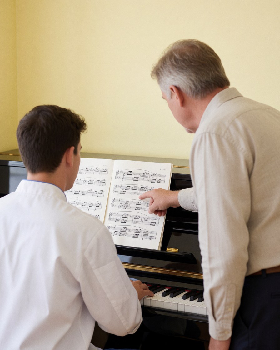 Music instructor adjusting sheet music on a grand piano during a lesson in a room with light yellow walls