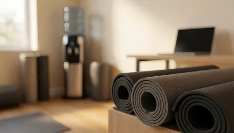 Rolled exercise mats in a fitness studio with a water station and warm lighting, ideal for training text backgrounds