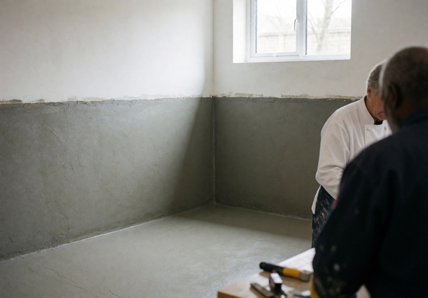 Two workers apply gray waterproofing sealant to construction walls with tools nearby and natural light from a window.