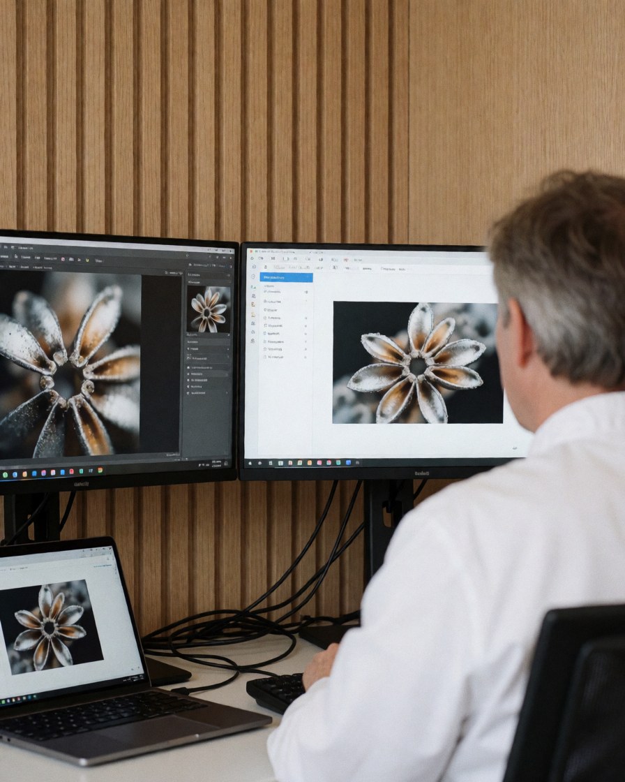 Macro photographer working at a desk with two monitors displaying a macro image and a wooden slat wall background